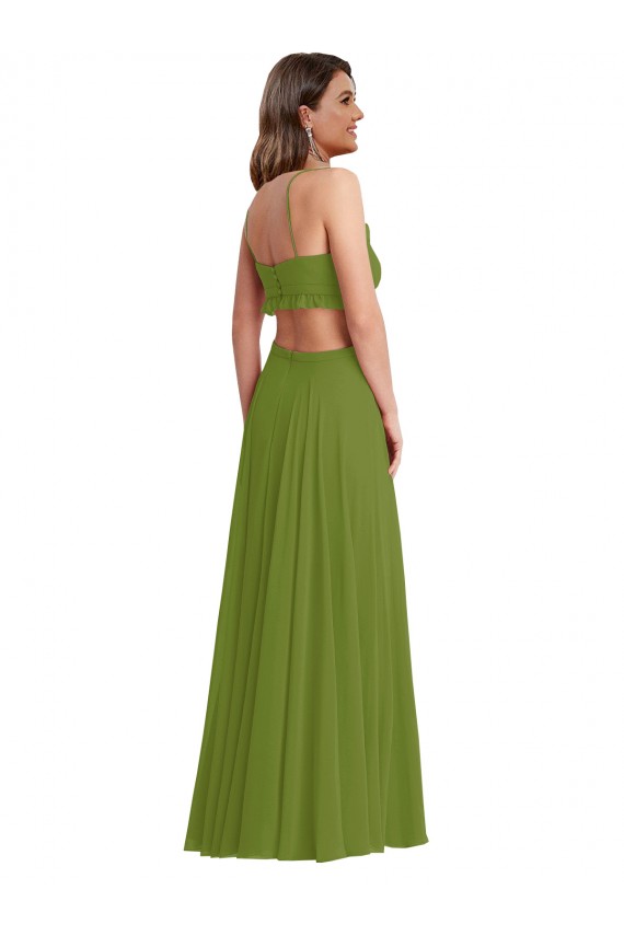 Olive verte Trapèze Col V Mousseline Longue Robes demoiselle d'honneur Outlet