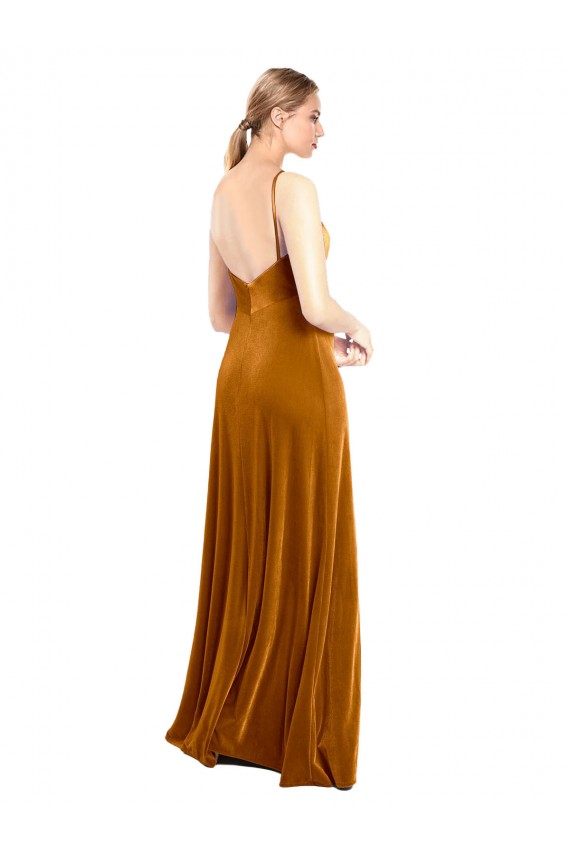Or Trapèze Bretelles spaghetti Velours Stretch Longue Robes demoiselle d'honneur / Robes de bal Outlet