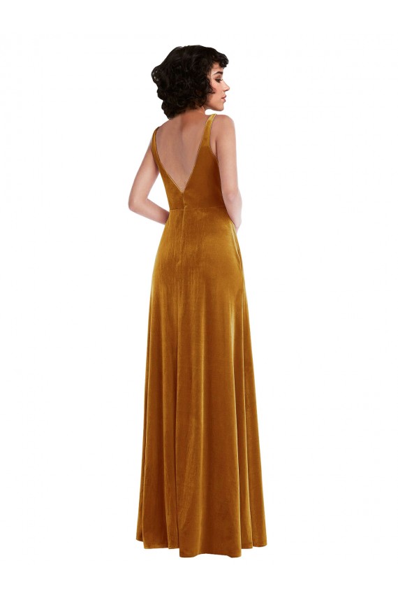 Or Trompette Col V Velours Stretch Longue Robes demoiselle d'honneur / Robes de bal Outlet