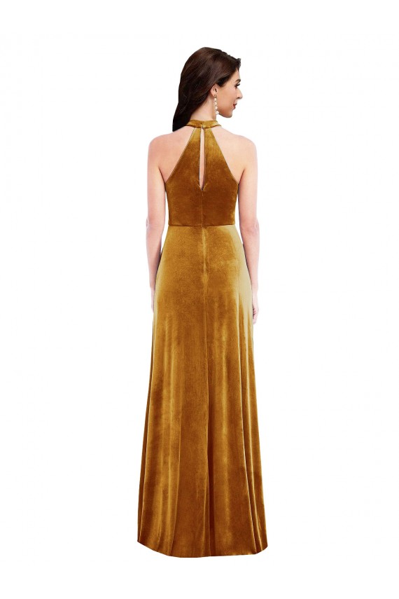 Or Trompette Licou Col Haut Velours Stretch Longue Robes demoiselle d'honneur / Robes de bal Outlet