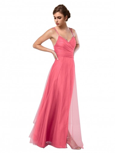 Pastèque Trapèze Bretelles spaghetti Tulle Longue Robes demoiselle d'honneur Pas Chre