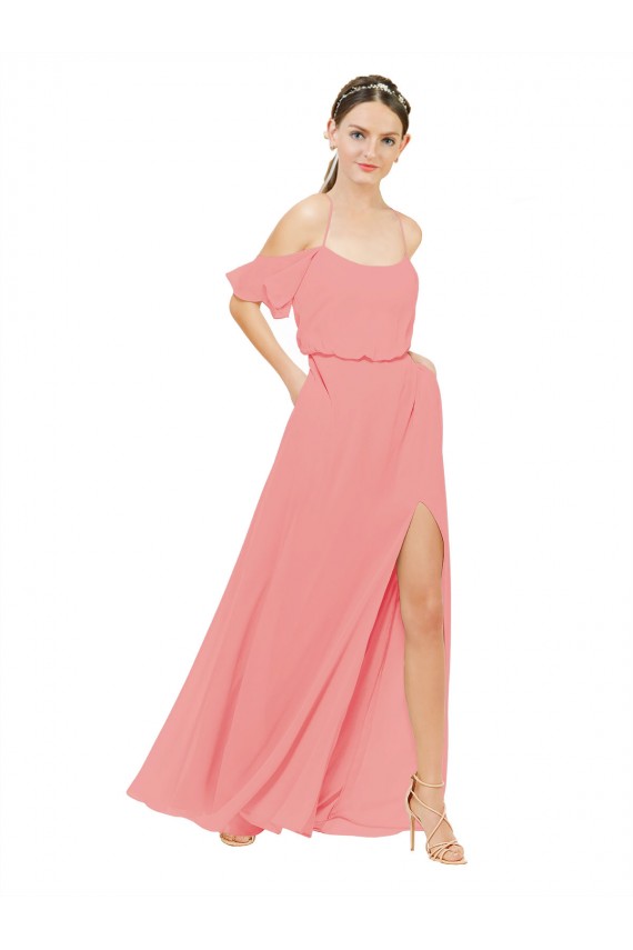 Pastèque Trapèze Épaule Dénudée Mousseline Longue Robes demoiselle d'honneur Outlet