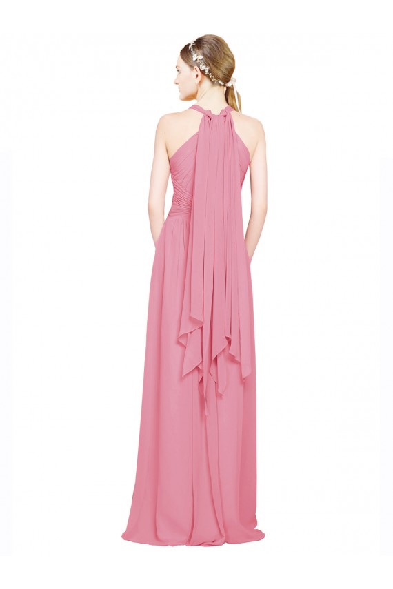 Peau Rose Trapèze Licou Col V Mousseline Longue Robes demoiselle d'honneur Outlet