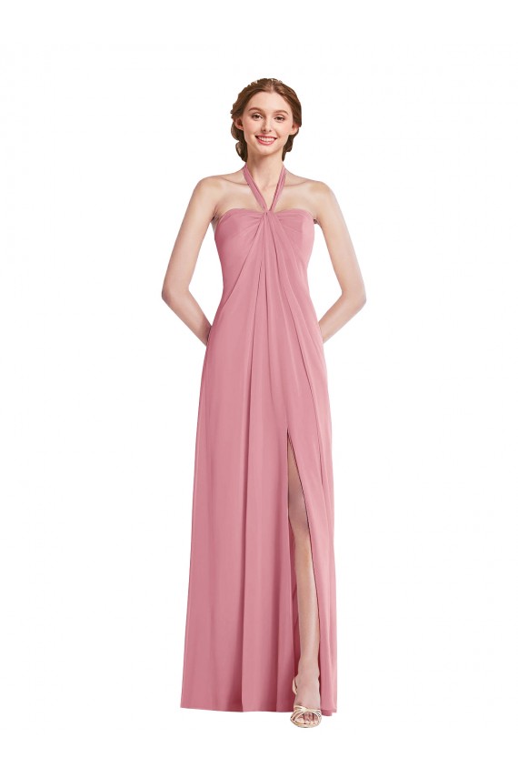 Peau Rose Trapèze Licou Mousseline Longue Robes demoiselle d'honneur Outlet