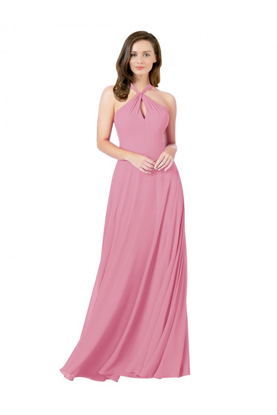 Peau Rose Trapèze Licou Mousseline Longue Robes demoiselle d'honneur / Robes de bal Outlet