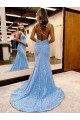 Periwinkle Fourreau Col V Balayage train Paillettes Velours Longue Robes de bal Outlet