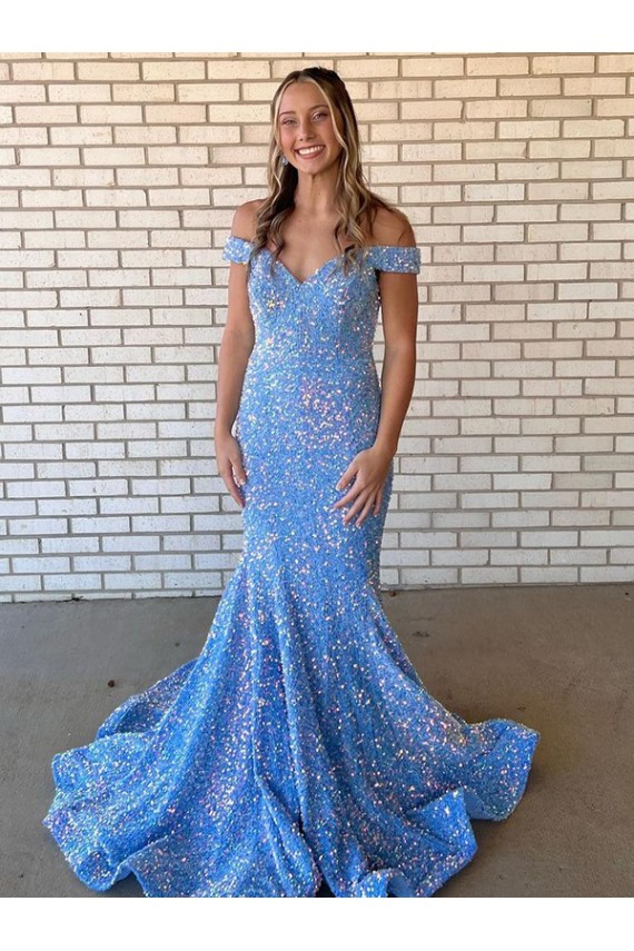 Periwinkle Sirène Épaule Dénudée Paillettes Velours Longue Robes de bal Outlet