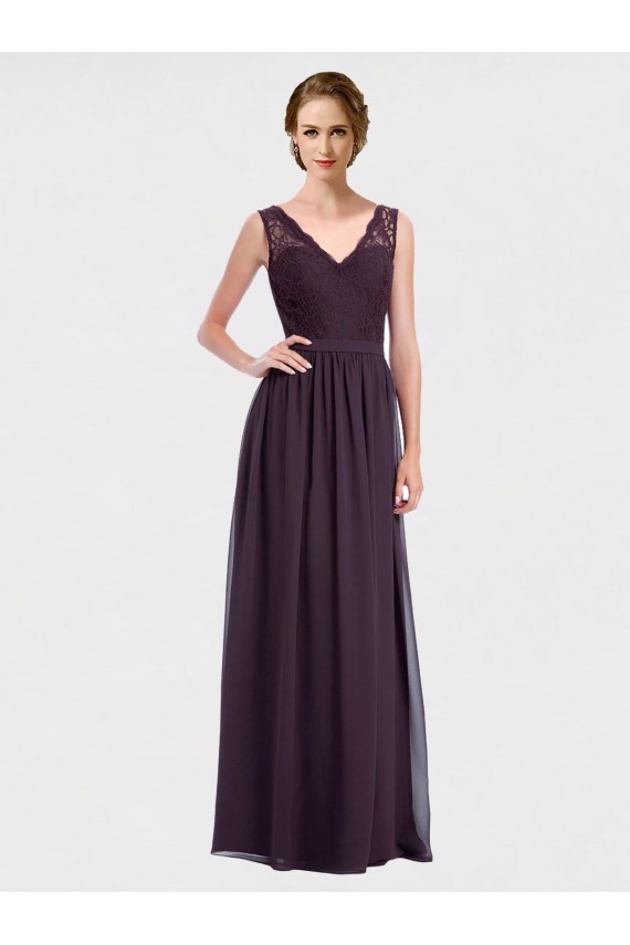 Pourpre Trapèze Col V Mousseline Dentelle Longue Robes demoiselle d'honneur Outlet