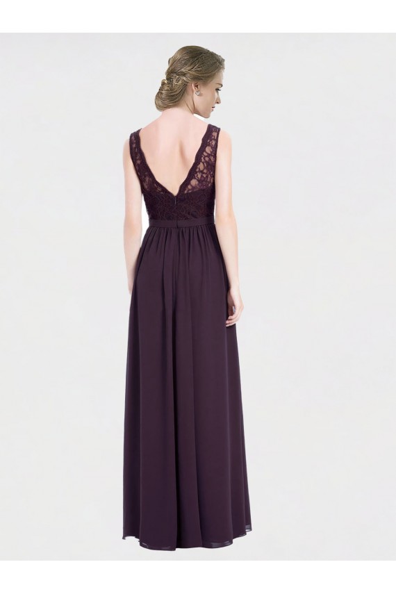 Pourpre Trapèze Col V Mousseline Dentelle Longue Robes demoiselle d'honneur Outlet
