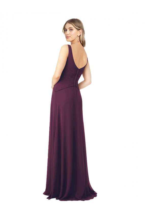 Pourpre Trapèze Col V Mousseline Longue Robes demoiselle d'honneur Outlet