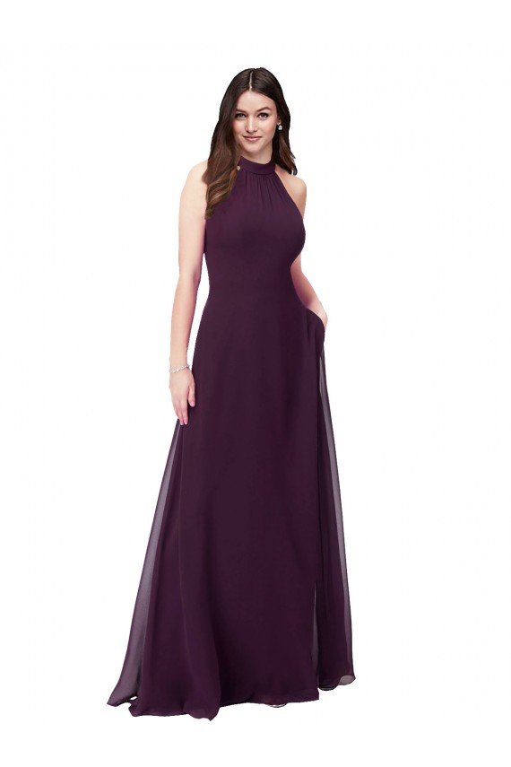 Pourpre Trapèze Licou Col Haut Mousseline Longue Robes demoiselle d'honneur Outlet