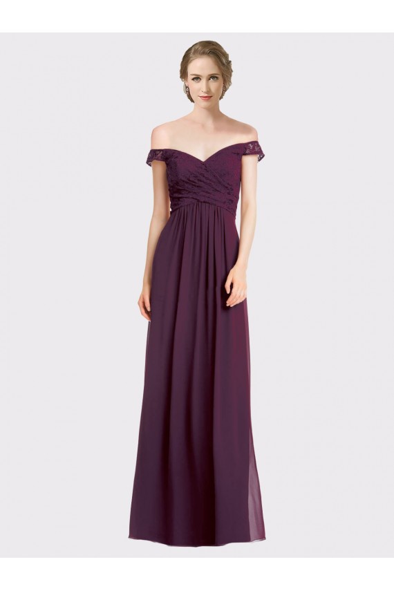 Pourpre Trapèze Épaule Dénudée Mousseline Dentelle Longue Robes demoiselle d'honneur Outlet