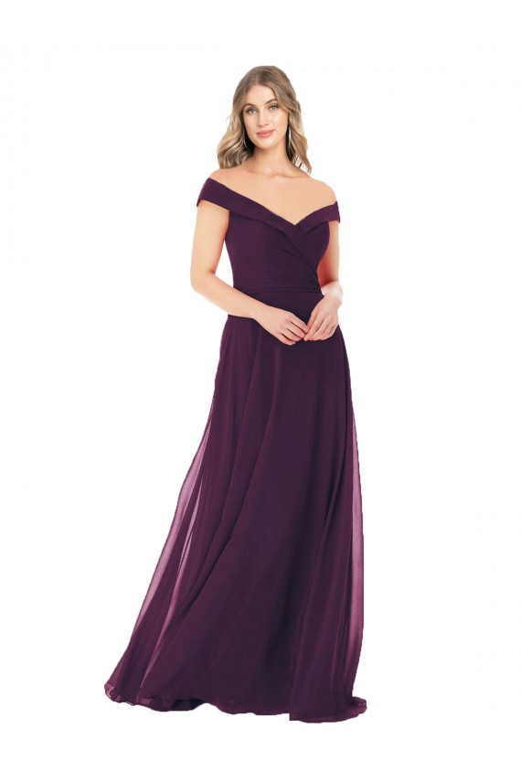 Pourpre Trapèze Épaule Dénudée Mousseline Longue Robes demoiselle d'honneur Outlet