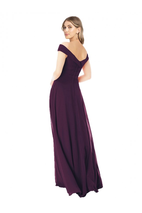 Pourpre Trapèze Épaule Dénudée Mousseline Longue Robes demoiselle d'honneur Outlet