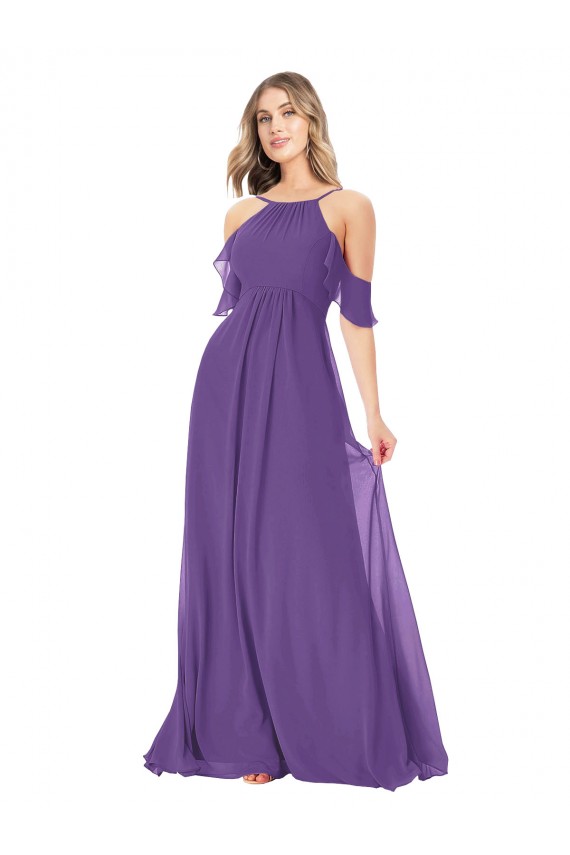 Prune Trapèze Épaule Dénudée Col Haut Mousseline Longue Robes demoiselle d'honneur Outlet