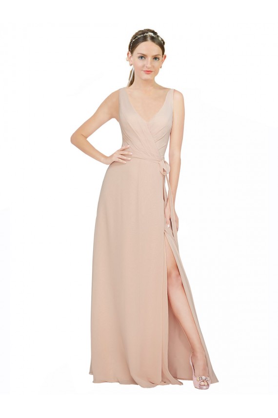 Rose 114 Trapèze Col V Mousseline Longue Robes demoiselle d'honneur Outlet