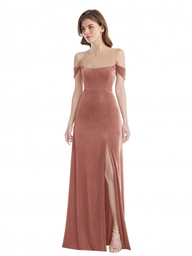 Rose Cannelle Trapèze Épaule Dénudée Velours Stretch Longue Robes demoiselle d'honneur / Robes de bal Outlet