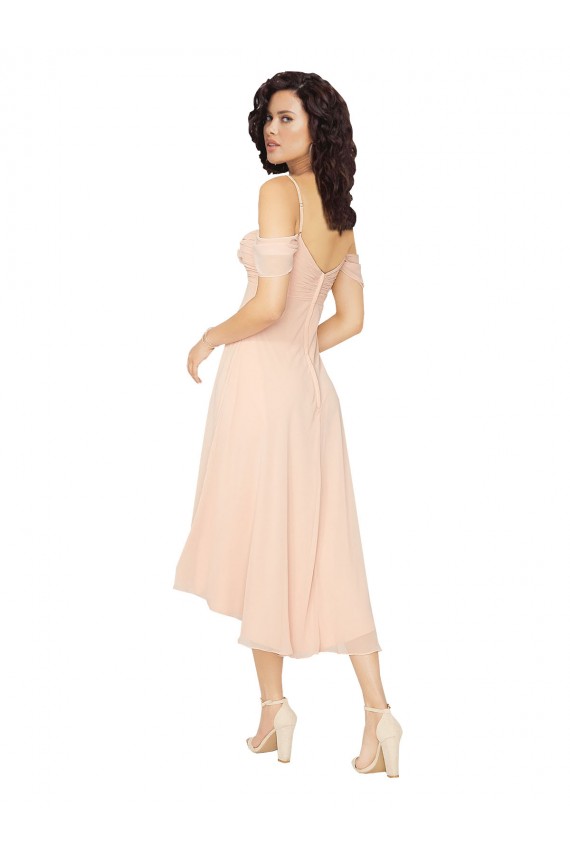 Rose Glacé Trapèze Col Carré midi Mousseline Courte Asymétrique Robes demoiselle d'honneur Outlet