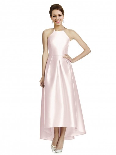 Rose Trapèze Bretelles spaghetti Satiné Longue Asymétrique Robes demoiselle d'honneur Pas Chre