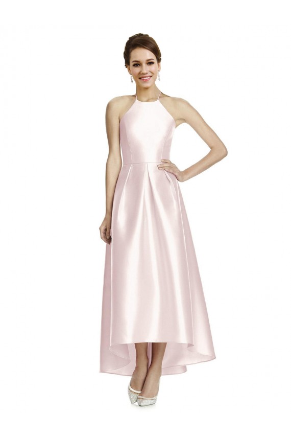 Rose Trapèze Bretelles spaghetti Satiné Longue Asymétrique Robes demoiselle d'honneur Outlet