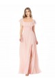 Rose Trapèze Col Carré Mousseline Longue Robes demoiselle d'honneur Outlet