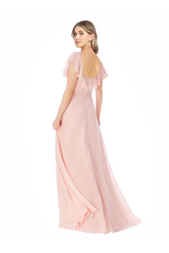 Rose Trapèze Col Carré Mousseline Longue Robes demoiselle d'honneur Outlet