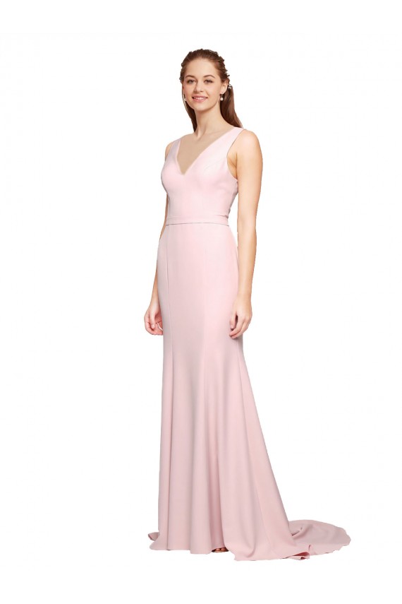 Rose Trapèze Col V Balayage train Crêpe Stretch Longue Robes demoiselle d'honneur / Robes de bal Outlet