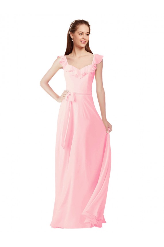 Rose Trapèze Col V Mousseline Longue Robes demoiselle d'honneur Outlet
