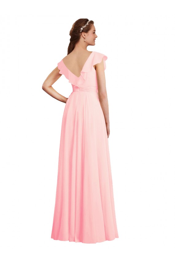 Rose Trapèze Col V Mousseline Longue Robes demoiselle d'honneur Outlet