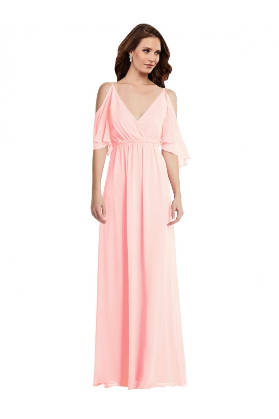 Rose Trapèze Col V Mousseline Longue Robes demoiselle d'honneur Outlet