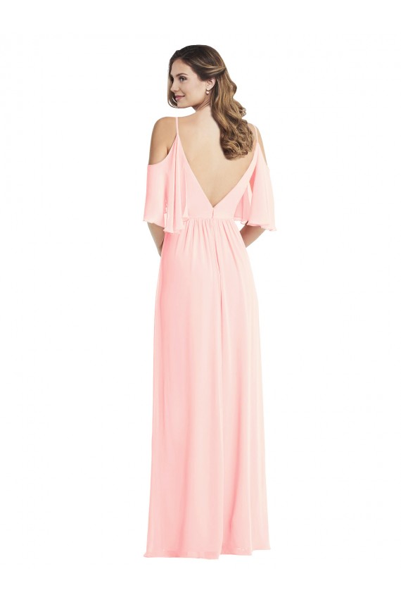 Rose Trapèze Col V Mousseline Longue Robes demoiselle d'honneur Outlet