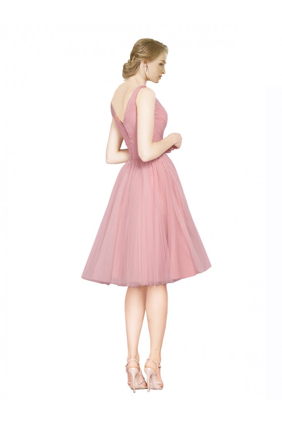 Rose Trapèze Col V Tulle Courte Robes demoiselle d'honneur / Robes de cocktail Outlet
