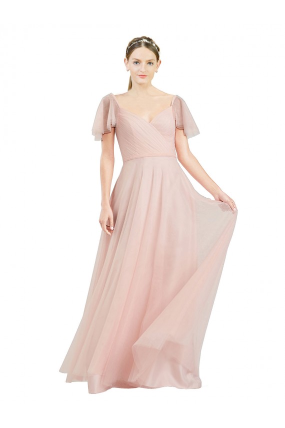 Rose Trapèze Col V Tulle Longue Robes demoiselle d'honneur Outlet