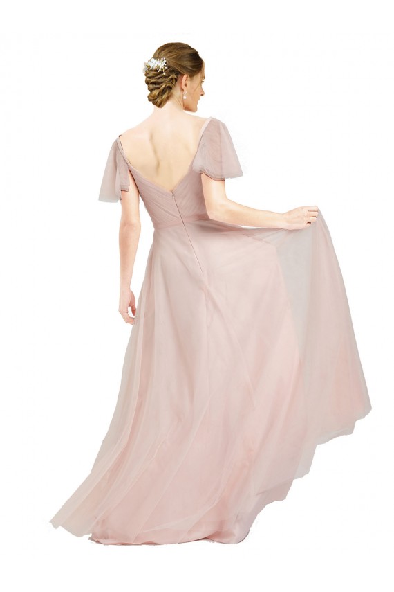 Rose Trapèze Col V Tulle Longue Robes demoiselle d'honneur Outlet