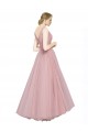 Rose Trapèze Col V Tulle Longue Robes demoiselle d'honneur Outlet