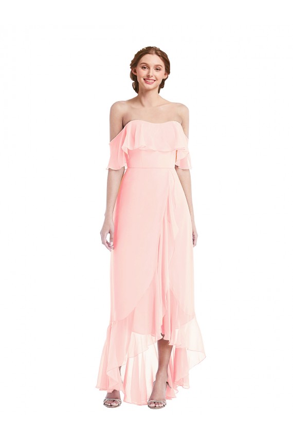 Rose Trapèze Épaule Dénudée Mousseline Longue Asymétrique Robes demoiselle d'honneur Outlet