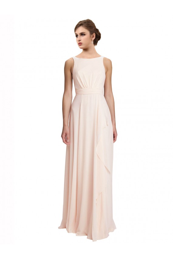 Rose crème Trapèze Bateau Col Haut Mousseline Longue Robes demoiselle d'honneur Outlet