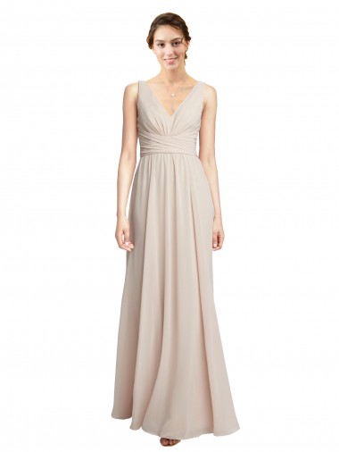 Rose crème Trapèze Col V Mousseline Longue Robes demoiselle d'honneur Pas Chre