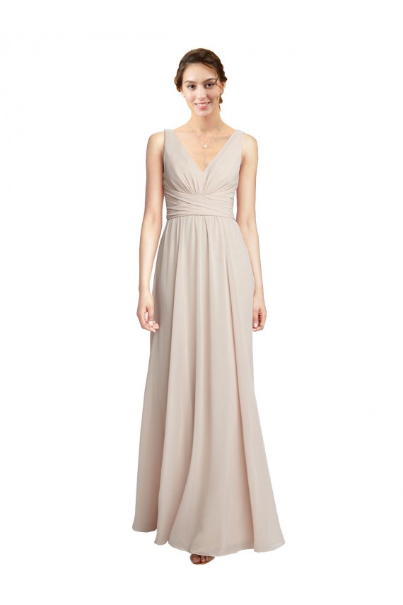 Rose crème Trapèze Col V Mousseline Longue Robes demoiselle d'honneur Outlet
