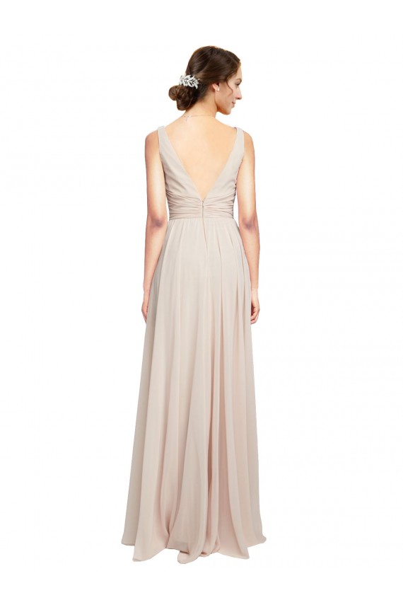 Rose crème Trapèze Col V Mousseline Longue Robes demoiselle d'honneur Outlet