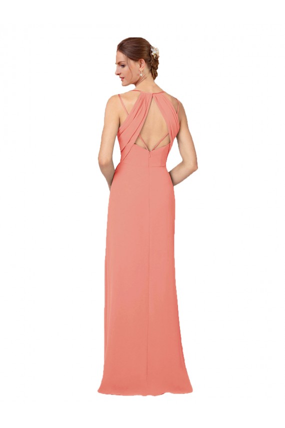 Rose du Désert Fourreau Col V Mousseline Longue Robes demoiselle d'honneur Outlet