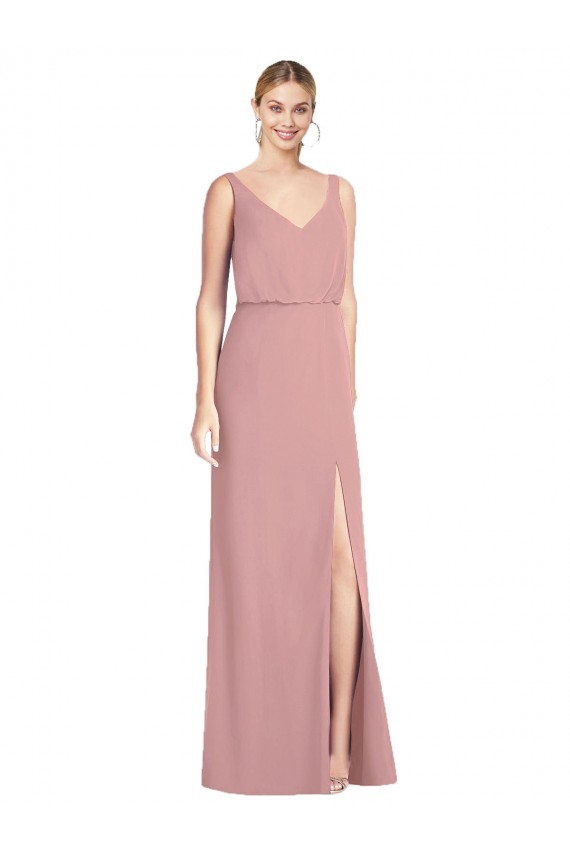 Rose poussiéreux Sirène Col V Mousseline Longue Robes demoiselle d'honneur Outlet