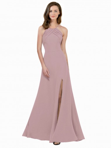 Rose poussiéreux Trapèze Col bijou Col Haut Crêpe Stretch Longue Robes demoiselle d'honneur / Robes de bal Pas Chre