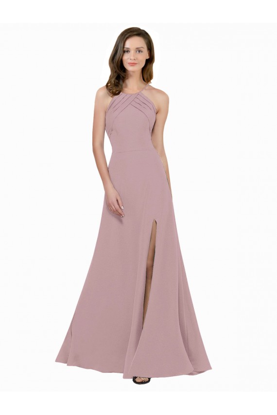 Rose poussiéreux Trapèze Col bijou Col Haut Crêpe Stretch Longue Robes demoiselle d'honneur / Robes de bal Outlet