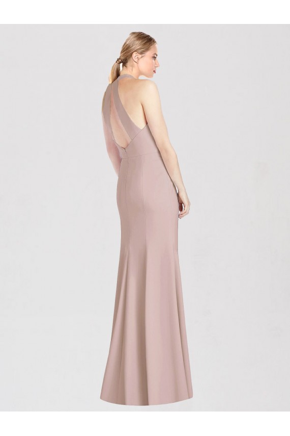 Rose poussiéreux Trompette Licou Crêpe Stretch Longue Robes demoiselle d'honneur Outlet