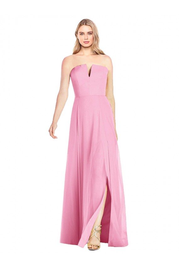 Rose vif Trompette Col V Sans bretelle Mousseline Longue Robes demoiselle d'honneur Outlet