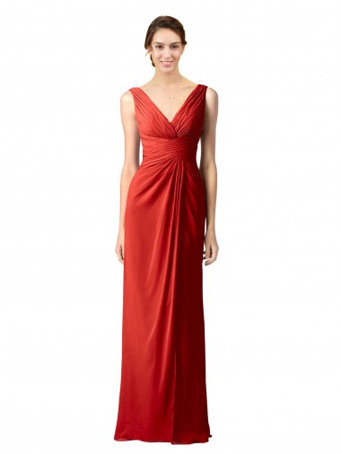 Rouge Fourreau Col V Mousseline Longue Robes demoiselle d'honneur Outlet
