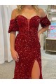 Rouge Fourreau Épaule Dénudée Traîne moyenne Paillettes Velours Longue Robes de bal Outlet