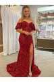 Rouge Fourreau Épaule Dénudée Traîne moyenne Paillettes Velours Longue Robes de bal Outlet