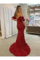 Rouge Fourreau Épaule Dénudée Traîne moyenne Paillettes Velours Longue Robes de bal Outlet